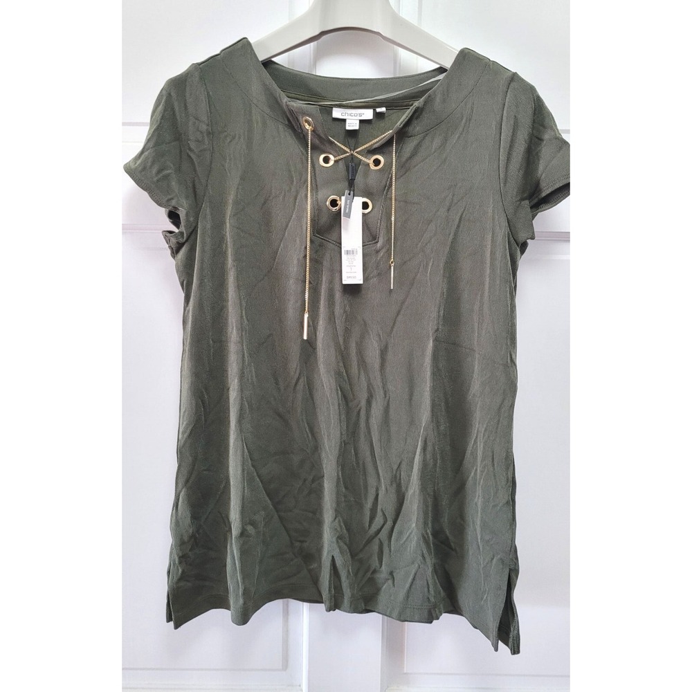 Chico's Travelers Lace Up Short Sleeve Top - Olive‎ - Size 1 US Size Medium 8/10